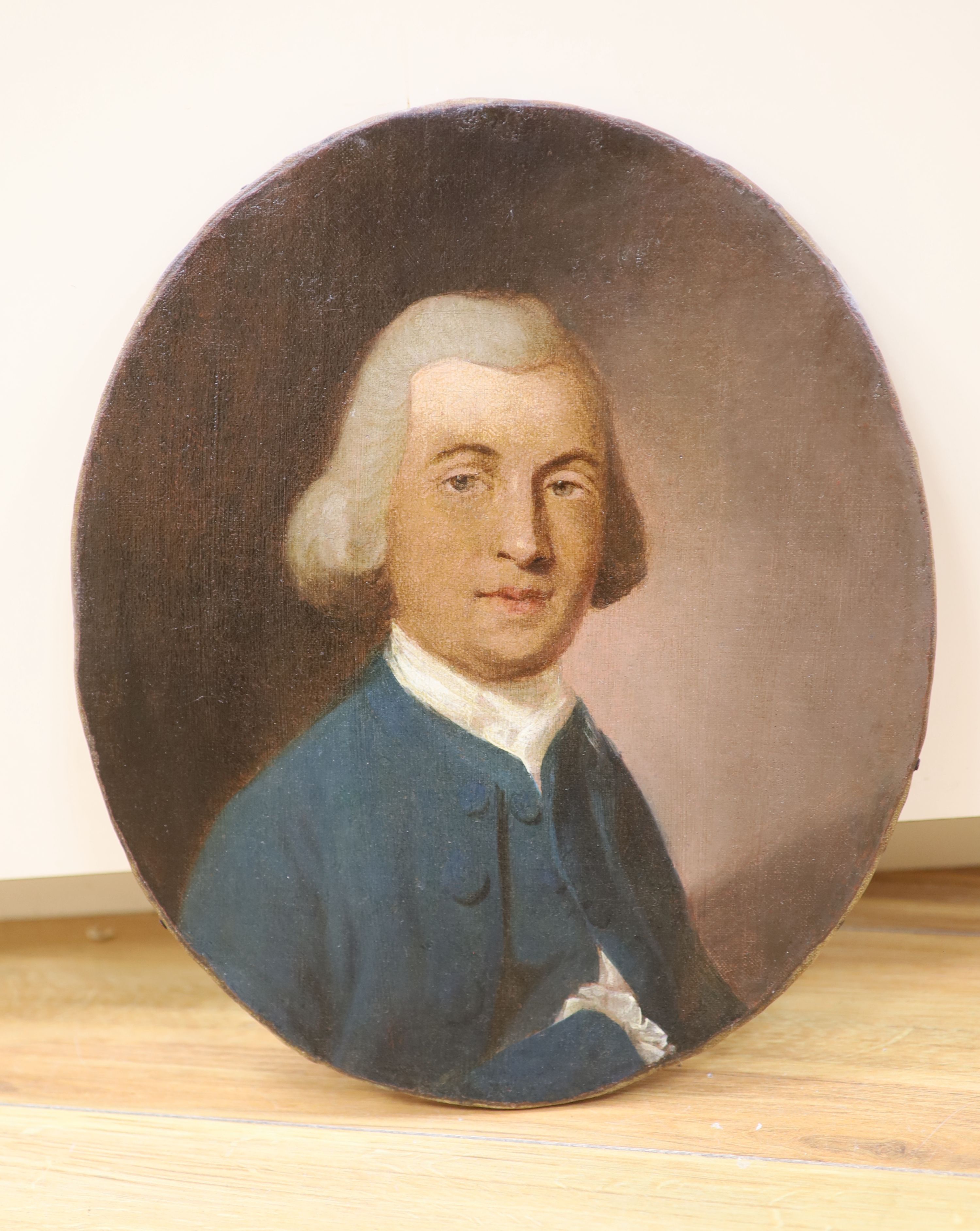 Portrait of a gentleman, oil on canvas, inscribed verso 'drawn by Mr M Wright of D. December 1774', 45 x 29.5cm, unframed